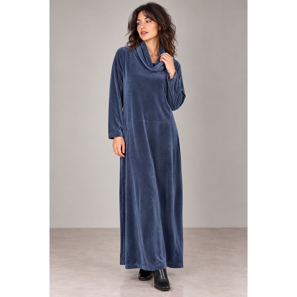 90s Minimalist Blue Velvet Maxi Dress Cowl Neck Coldwater Creek L Vintage Navy